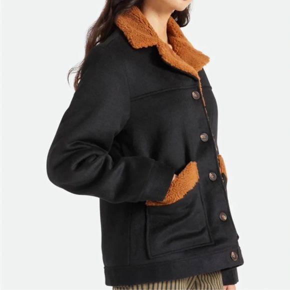 Brixton Nouvelle Coat Sherpa Lined Size Medium Black/Brown Button Closure Peacoa - Picture 5 of 13